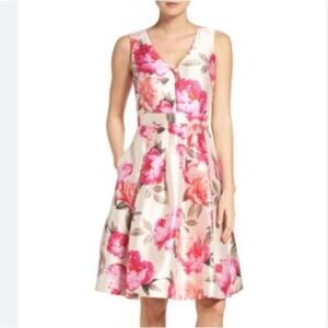 Eliza J Dress Floral Jacquard Pleated Garden Party Romantic Pink Cream Size 10
